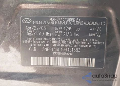 2009 Hyundai Sonata Gls из США, поврежденный, VIN 5NPET46C49H451583